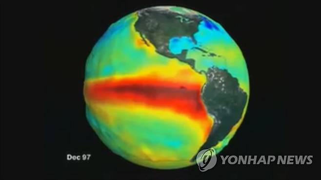 엘니뇨 [연합뉴스TV 캡처] 태평양의 바닷물이 따뜻해진걸 표시함.