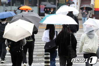 봄비가 내리며 기온이 크게 내려간 25일 오전 경북 경산시 대학로에서 우산을 쓴 시민들이 횡단보도를 따라 길을 건너고 있다. 2023.4.25/뉴스1 ⓒ News1 공정식 기자