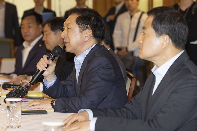 김기현 국민의힘 대표가 14일 오후 서울 종로구 총리 공관에서 열린 고위당정협의회에서 발언하고 있다. /공동취재사진