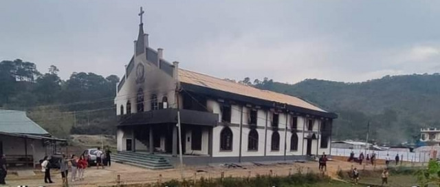 인도 마니푸르주의 한 교회가 전소된 상태. 인도복음선교회 제공