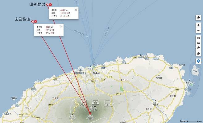 설문대할망의 키는 얼마나? (제주=연합뉴스) 제주 한라산 정상에서 대관탈섬과 소관탈섬까지의 길이를 포털사이트 다음의 카카오 지도를 통해 재봤다. [다음 카카오 지도 캡처, 재판매 및 DB 금지]