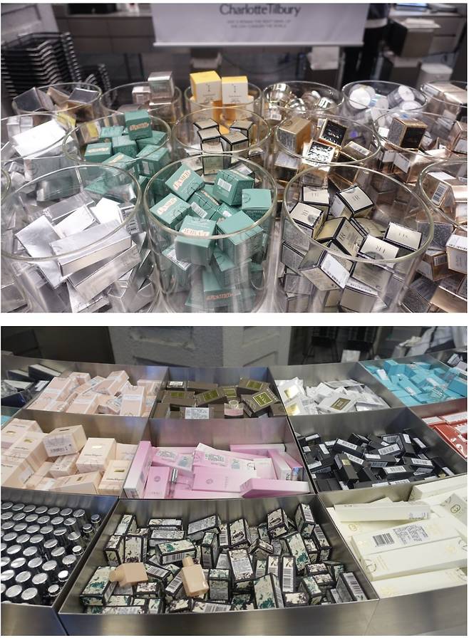 중국 뷰티 편집숍 화메이에서 판매 중인 화장품과 향수 샘플 제품. 샘플 패키지를 본품 패키지와 동일하게 만들어 구매욕을 일으킨다. /베이징=김남희 특파원