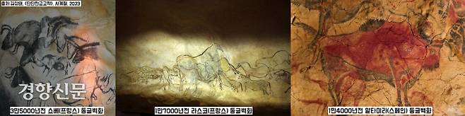 3만5000년전 프랑스 쇼베 동굴벽화는 벽면을 사자 무리에게 쫓기는 코뿔소 떼로 채웠다. 1만7000년전 그림인 프랑스 라스코 동굴 벽화는 동물 한마리 한마리가 살아서 튀어나올 것 같다. 1만7000년전 알타미라 동굴은 미켈란젤로가 바티칸 시스타나 성당 천정에 그린 ‘천지창조’에 견줘 ‘구석기판 시스타나 성당’으로 일컬어진다. |김상태 국립중앙박물관 고고역사부장 제공
