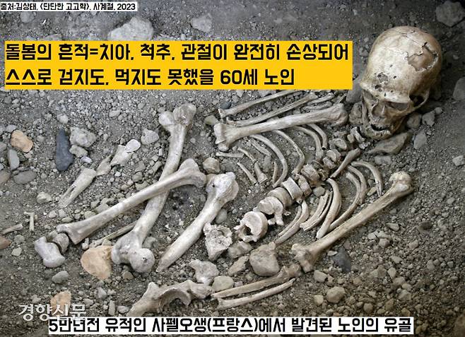 프랑스 샤펠오생 동굴유적에서 확인된  60세 전후의 노인 유골. 치아와 척추, 관절마디가 모두 손상되어 있었다. 주변에서는 걷지도, 먹지도 못했을 노인을 정성껏 보살폈고, 사후 장례까지 치뤄주었을 것이다.|출처|김상태의 <단단한 고고학>, 사계절, 2023