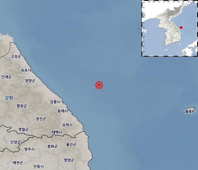 15일 오전 6시 27분 36초쯤 강원 동해시 북동쪽 59㎞ 해역에서 규모 4.5의 지진이 발생했다. 지진 발생 깊이는 32㎞로 추정됐다./사진제공=기상청