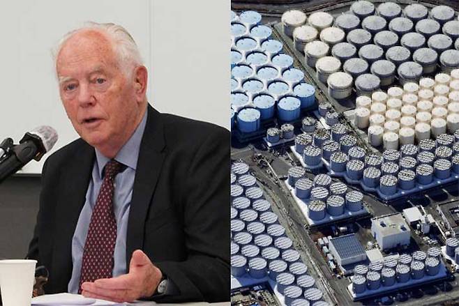 기자간담회 답변하는 웨이드 앨리슨 영국 옥스퍼드대학교 명예교수, 오른쪽은 일본 후쿠시마 제1원전의 오염수 탱크의 모습. 연합뉴스