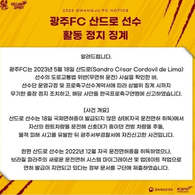 광주FC 산드로가 60일 활동정지 조치를 받았다. 사진=광주 제공