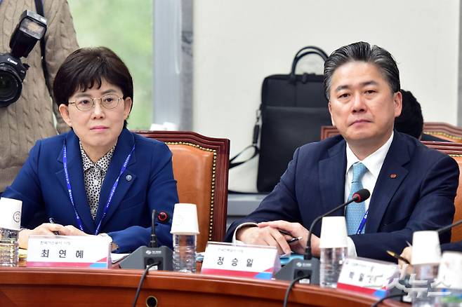 지난달 6일 서울 여의도 국회에서 열린 전기·가스 요금 민·당·정 간담회에 정승일 한국전력공사 사장과 최연혜 한국가스공사 사장(왼쪽)이 참석하고 있다. 윤창원 기자