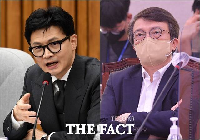 한동훈 법무부 장관이 법무부 문자 공지 시스템을 사적으로 이용했다며 비판했던 김의겸 더불어민주당 의원이 "한 장관이 말꼬리를 잡고 늘어지고 있다"며 "편의점에 간 한동훈의 전형적인 모습"이라고 꼬집었다. 한 장관은 김 의원을 향해 "또 거짓말"이라고 반박했다. /남용희·남윤호 기자