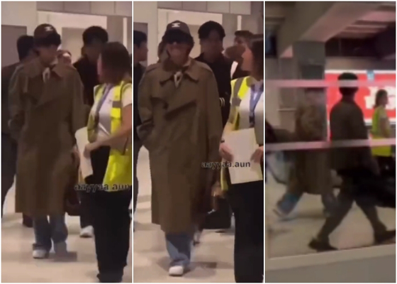 방탄소년단(BTS) 뷔가 22일 새벽(현지시간 21일 오후) 프랑스 니스 공항에서 포착됐다. 〈사진=SNS 관련 영상 캡처〉