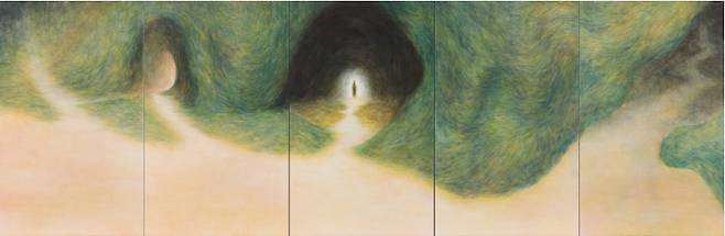 김다빈, '눈을 감고 보는 숲', 장지에 분채, 180x550cm, 2022 (신한갤러리 제공)