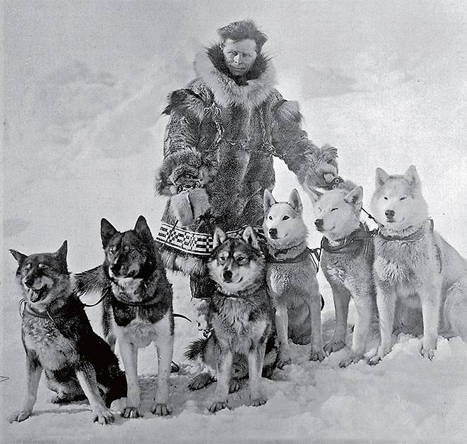 1925년 알래스카에서 디프테리아 항독소 혈청 운반에 참여한 레온하르트 세팔라와 썰매개들. 사진 맨 왼쪽이 개들을 이끈 토고다. 사진 위키미디어