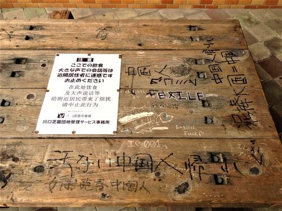 2014년 중국인을 비하하는 낙서로 가득했던 단지 안 벤치. "더러운 중국인 돌아가", "여자는 매춘 중국인" 등 혐오 표현이 적혀있다. 오카자키 히로키 제공