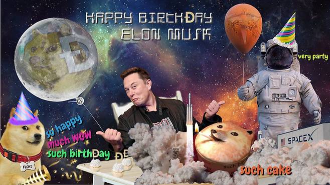 일론 머스크 테슬라 최고경영자(CEO)의 50세 생일을 축하하며 도지코인의 이미지를 차용해 한 팬이 트위터에 올린 '밈(meme)'. 최근 도지코인과 같은 페페·호머 심슨 등 밈 코인이 가상자산거래소에 여럿 상장되며 눈길을 끌고 있다. /트위터 캡처