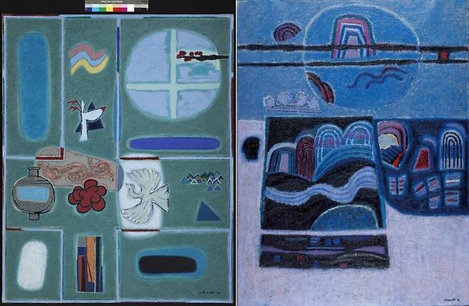 김환기의 ‘영원의 노래’(1957, 캔버스에 유채, 리움미술관 소장, 왼쪽)와 ‘여름 달밤’(1961, 캔버스에 유채, 국립현대미술관 소장). ⓒWhanki Foundation·Whanki Museum. 호암미술관 제공