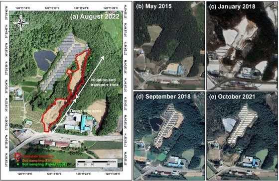 산지태양광 시설 산사태 현장, 왼쪽 큰 사진은 산사태 발생 후인 2022년 8월에 드론으로 촬영한 것이고, 오른쪽 작은 사진들은 산사태 발생 전에 촬영한 구글 위성 사진이다. 태양광 시설은 2018년 설치됐다. [자료: Lamdslide, 2023]