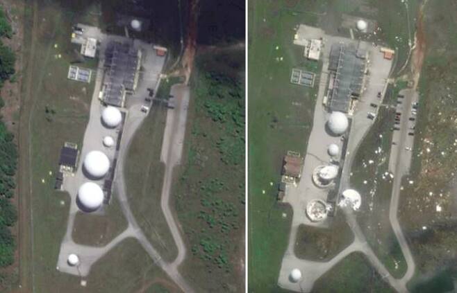 미국의 우주기술 회사인 MAXAR이 태풍 '마와르' 전후 괌의 위성 사진을 공개했다. 왼쪽 사진은 미 항공우주국 기지의 본래 모습, 오른쪽 사진은 태풍으로 부서진 모습./로이터