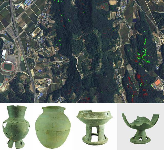 위는 삼년산성(중앙)과 주변의 고분(초록색 점) 분포 위성사진. 아래 사진은 고분에서 수습된 신라시대 유구들. 왼쪽부터 어암리 356호분 대부장경호(저장·조리용 항아리), 풍취리 1478호분 단경호, 어암리 435호분· 대야리 1108호분 고배(굽 달린 접시). 중원문화재연구원 제공