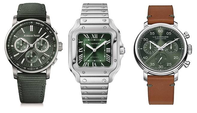 2023년 많은 시계 브랜드가 녹색 다이얼을 출시했다. 오데마피게의 코드 11.59(왼쪽), 까르띠에의 산토스 드 까르띠에(가운데), 쇼파드의 L.U.C 1963 헤리티지 크로노그래프(오른쪽). [사진 각 브랜드]