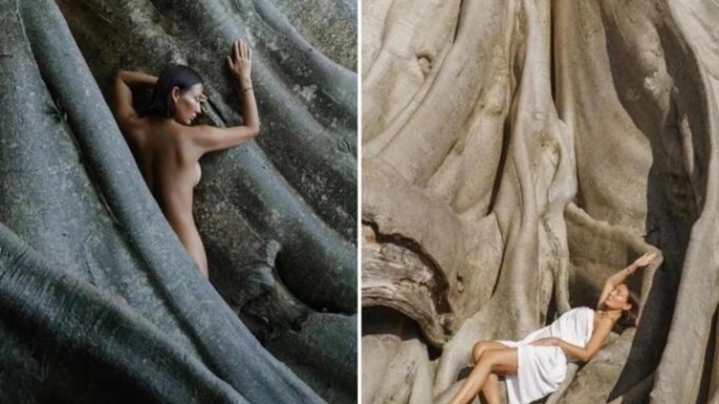 러시아 관광객이 인도네시아 발리의 신성한 장소로 인식되는 ‘뿌띠 까유’에서 옷을 일부만 걸친 채 사진을 찍은 모습. 사진은 인도네시아 시민운동가의 인스타그램 계정에 등록돼 있다. 인스타그램 캡처 