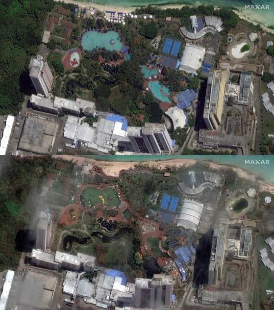 26일(현지시간) 미국 상업위성업체 맥사(MAXAR)가 공개한 위성 사진으로 본 괌 데데도의 한 리조트 모습. 사진=AP연합뉴스