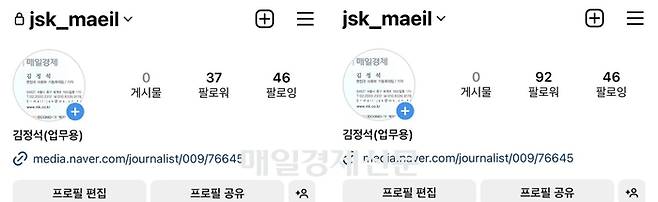 인스타그램 구독자를 구매하기 전 37명이었던 팔로워 수가 50명을 구매한 뒤 92명까지 늘어났다. [김정석 기자]