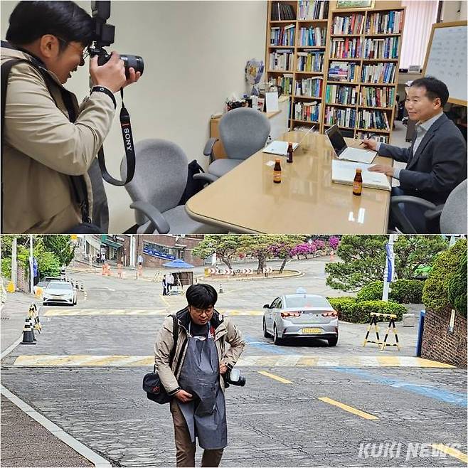 체험복을 나선 인터뷰 취재. 상명대학교 정문부터 대학본부까지 이어진 언덕길은 촬영장비를 들고 오르기 힘들었다.&nbsp;