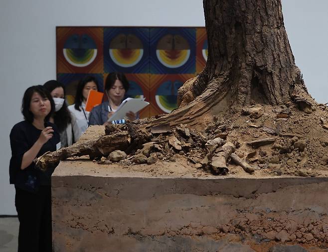 강수정 학예연구관이 이건용의 설치작품 '신체항'을 설명하고 있다. 나무를 뿌리째 흙의 지층과 함께 미술관에 들여 미술품으로 재해석한 작품이다.  연합뉴스