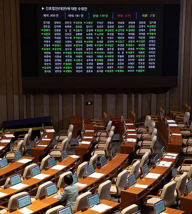 4월27일 국회에서 간호법안(대안)에 대한 수정안이 통과되고 있는 가운데 간호사 출신 국민의힘 소속 최연숙 의원이 홀로 자리를 지키고 있다.ⓒ시사IN 이명익