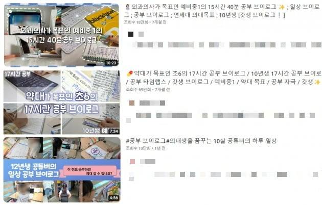 초등생들의 '의대 입시'를 다룬 인기 유튜브 영상들.  /사진=유튜브 화면 캡처