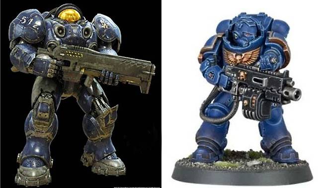 스타크래프트 마린(좌)과 워해머 스페이스 마린(우) [블리자드, 게임즈워크샵 웹페이지]