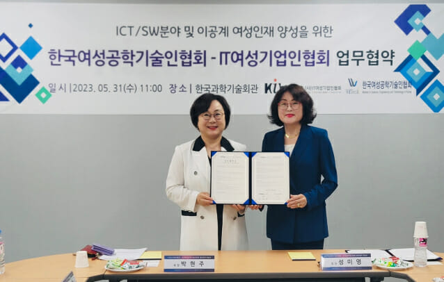 박현주 IT여성기업인협회장(왼쪽)과 성미영 한국여성공학기술인협회장이 MOU를 맺고 있다.