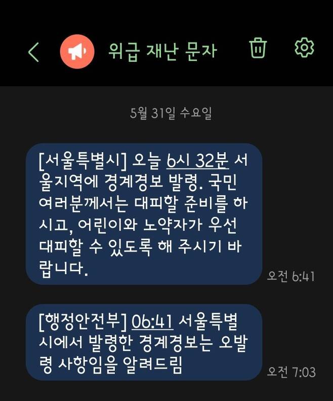 31일 서울 지역에 울린 위급 재난 문자. /독자 제공