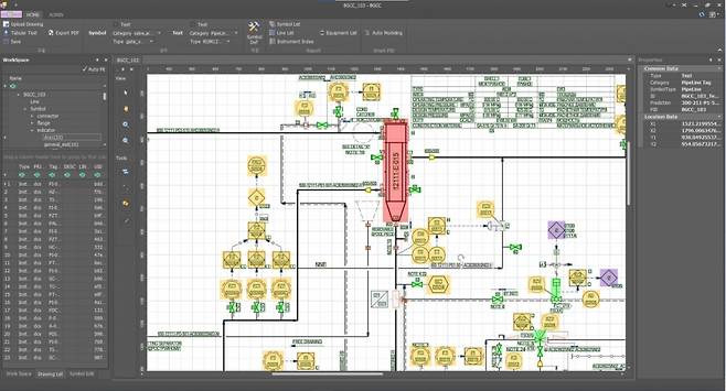 현대엔지니어링 '공정 배관 계장도(P&ID) 자동 인식 시스템' 작동 화면. '공정 배관 계장도(P&ID) 자동 인식 시스템'이 도면 상 심볼(기호), 라인(배관), 텍스트 등을 인식하고 있다.