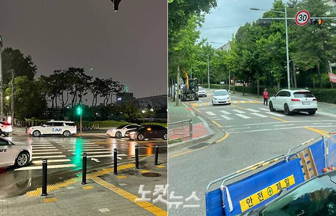 곡선부에 위치한 횡단보도(좌)와 직선부에 위치한 횡단보도. 강지윤 기자