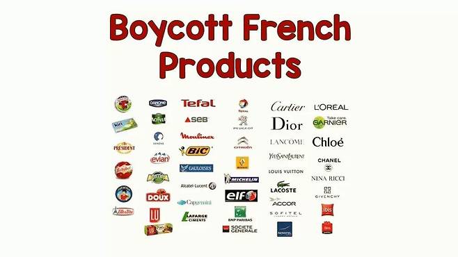 2020년 무슬림 국가들의 프랑스 제품 불매운동 당시 소셜미디어에서 공유되던 불매 제품 목록.