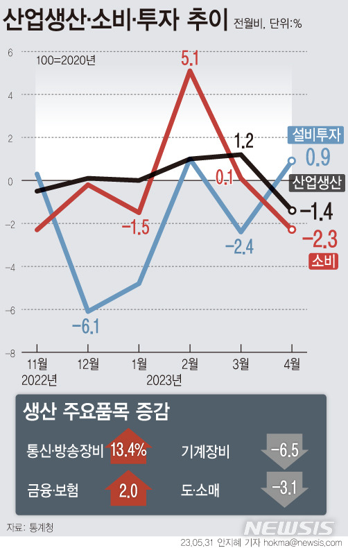 [서울=뉴시스] 지난달 국내 생산이 전월보다 1.4% 줄어 5개월 만에 감소세로 전환했다. 소비 동향을 보여주는 소매 판매는 2.3% 감소했다. 설비투자는 0.9% 증가했다.