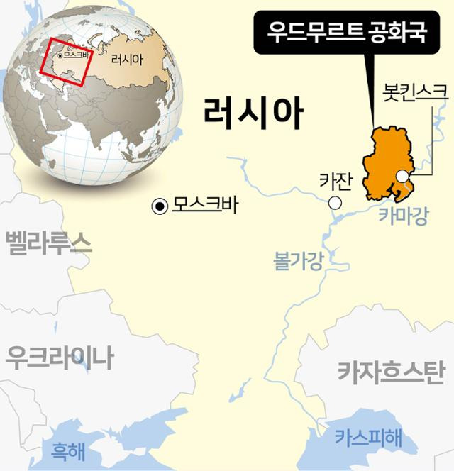 러시아 우드무르트 공화국 봇킨스크 위치. 그래픽=김문중 기자