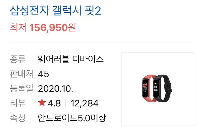 현재 ‘갤럭시 핏2’는 최저 가격 15만6950만원부터 거래되고 있다. [네이버 쇼핑 캡처]