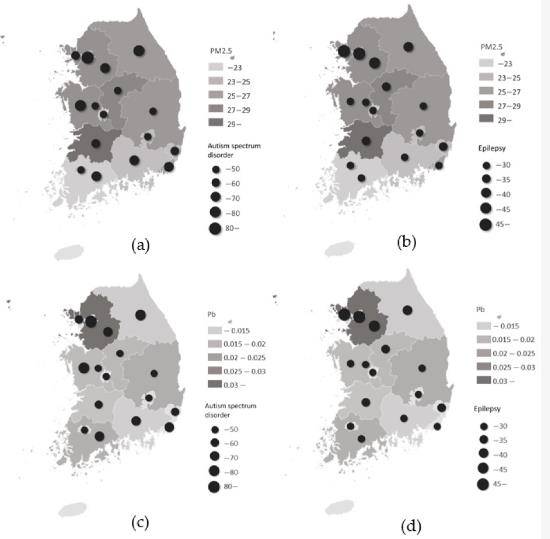 우리나라의 대기오염물질 및 중금속 농도에 따른 자폐스펙트럼장애와 뇌전증 분포도. 오염 농도가 심한 지역일수록 유병률이 높아지는 연관성이 관찰된다. [논문 발췌]