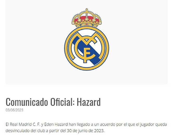 레알마드리드가 공식 홈페이지를 통해 아자르와의 결별을 발표했다.