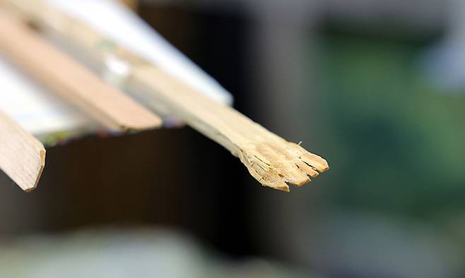 작업을 마친 임 화가의 붓끝이 심하게 훼손돼 있다. 입으로 그림을 그리는 임 화가는 한번 그림을 그리고 나면 붓에 덧댄 나무를 교체한다.