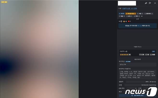 AI 이미지를 공유하는 한 플랫폼에 유통 중인 이미지. 신체 절단 등 고어한 키워드가 포함돼있지만 연령 제한이나 다운로드 제한은 없었다. 해당 이미지의 다운로드 수는 약 1만회에 육박한다. (사이트 화면 갈무리)