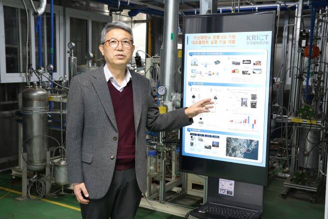 장태선 한국화학연구원 책임연구원이 이산화탄소를 일산화탄소로 전환하는 촉매 기술을 소개하고 있다. 화학연 제공.