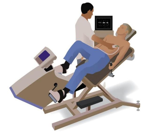 누운 채 자전거 페달을 밟도록 해 호흡곤란 등 운동 효과를 일으키면서 동시에 심장 초음파검사를 시행하는 ‘이완기 부하 심장 초음파검사’ 모습. 세브란스병원 제공