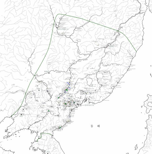 정석배 교수가 주장하는 발해 강역도. 발해의 영토에 흑수말갈 지역까지 포함하면서 기존 학설보다 약 25% 정도 넓어졌다.