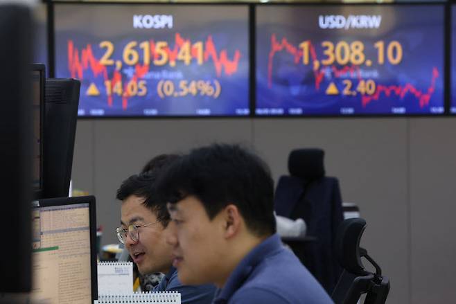 코스피가 0.5% 상승한 2,610대에서 장을 마감한 5일 오후 서울 중구 하나은행 본점 딜링룸에서 직원들이 업무를 보고 있다. (사진=연합뉴스)