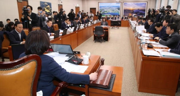 2019년 12월 6일 국회에서 박순자 국토교통위원회 위원장이 의사봉을 두드리며 국토위 전체회의 시작을 알리고 있다. 이날 타다 금지법이 국토위 상임위를 통과했다. 연합뉴스