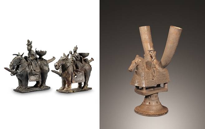 경주 금령총에서 출토된 ‘말 탄 사람 토기’(기마인물형 토기, 왼쪽)와 김해 지역에서 나온 ‘말 탄 사람 뿔잔’(기마인물형 각배). 모두 국보로 지정된 이들 상형토기는 실제 술같은 액체를 담을 수 있는 형태다. 중앙박물관 제공