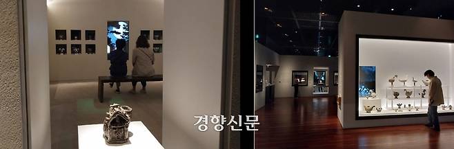 집 모양 토기를 형상화한 구조물 내 의자에 앉아 전시품을 살펴보는 관람객들 모습(왼쪽)과 새 모양 상형토기들이 모인 전시장 전경 일부. 도재기 선임기자